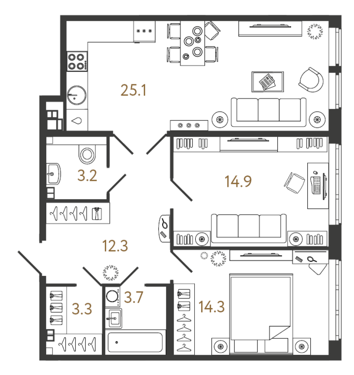 2-комнатная 76.8 м², 3 этаж, 33 909 304 руб.