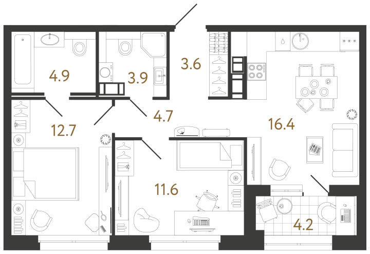 2-комнатная 57.8 м², 8 этаж
