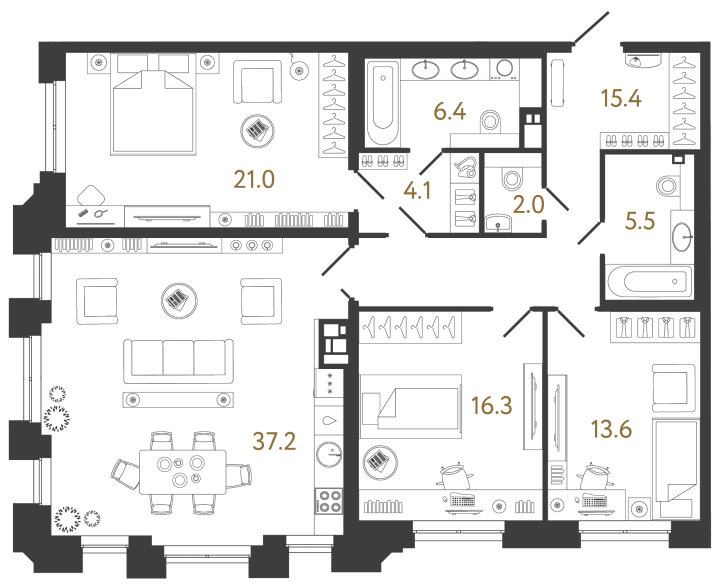 3-комнатная 121.5 м², 3 этаж
