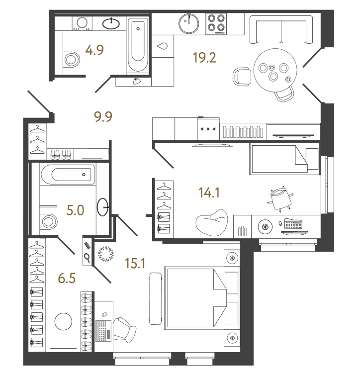 2-комнатный 74.7 м², 1 этаж