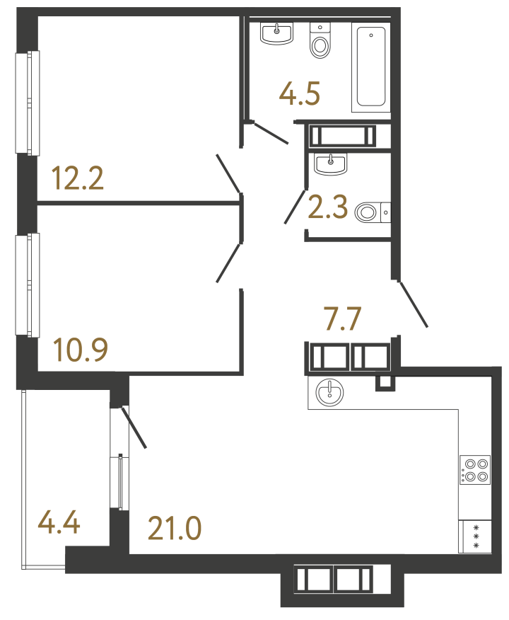 2-комнатная 58.6 м², 12 этаж