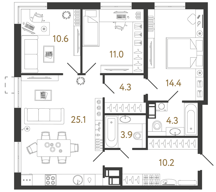3-комнатная 83.8 м², 16 этаж