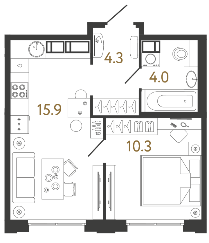 1-комнатная 34.5 м², 16 этаж