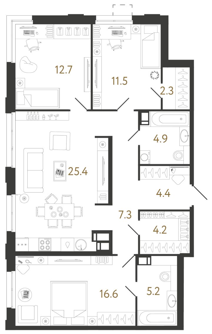 3-комнатная 94.5 м², 6 этаж