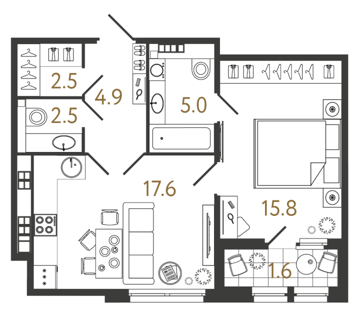 1-комнатная 48.3 м², 5 этаж, 22 200 000 руб.