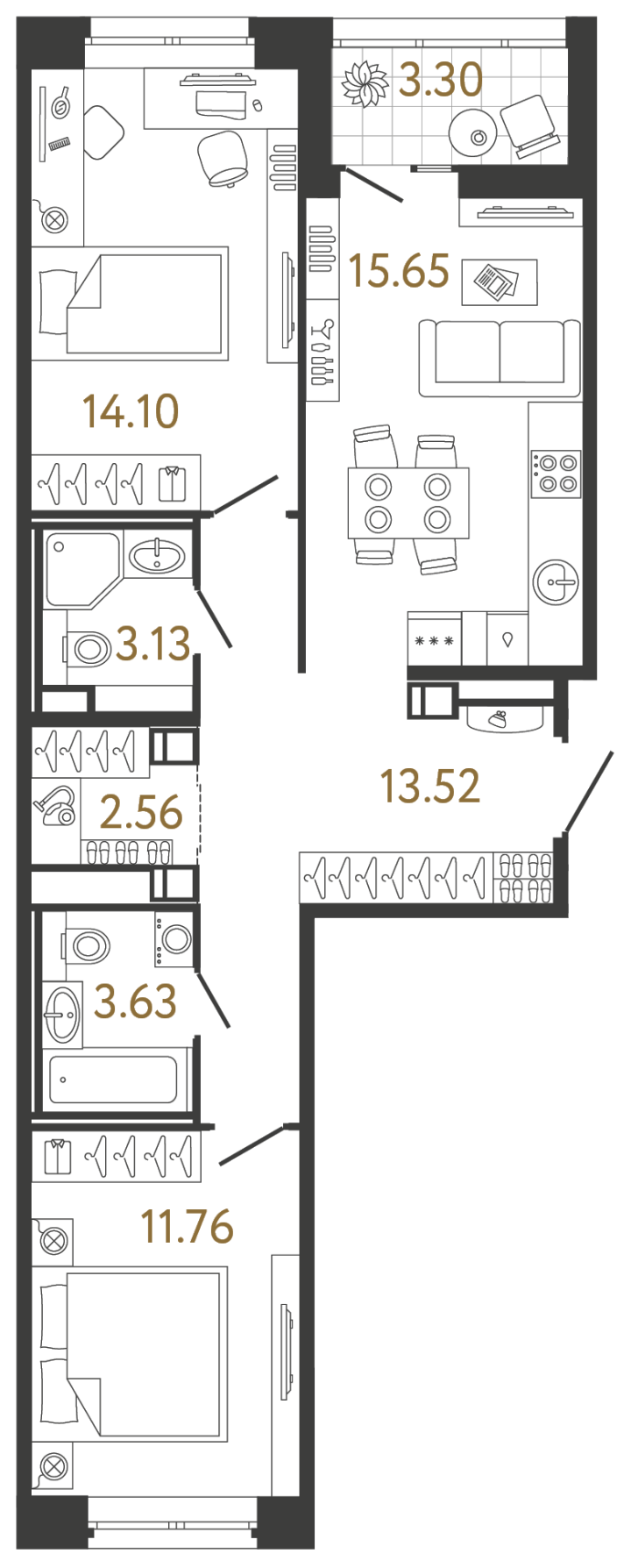 2-комнатная 64.35 м², 14 этаж