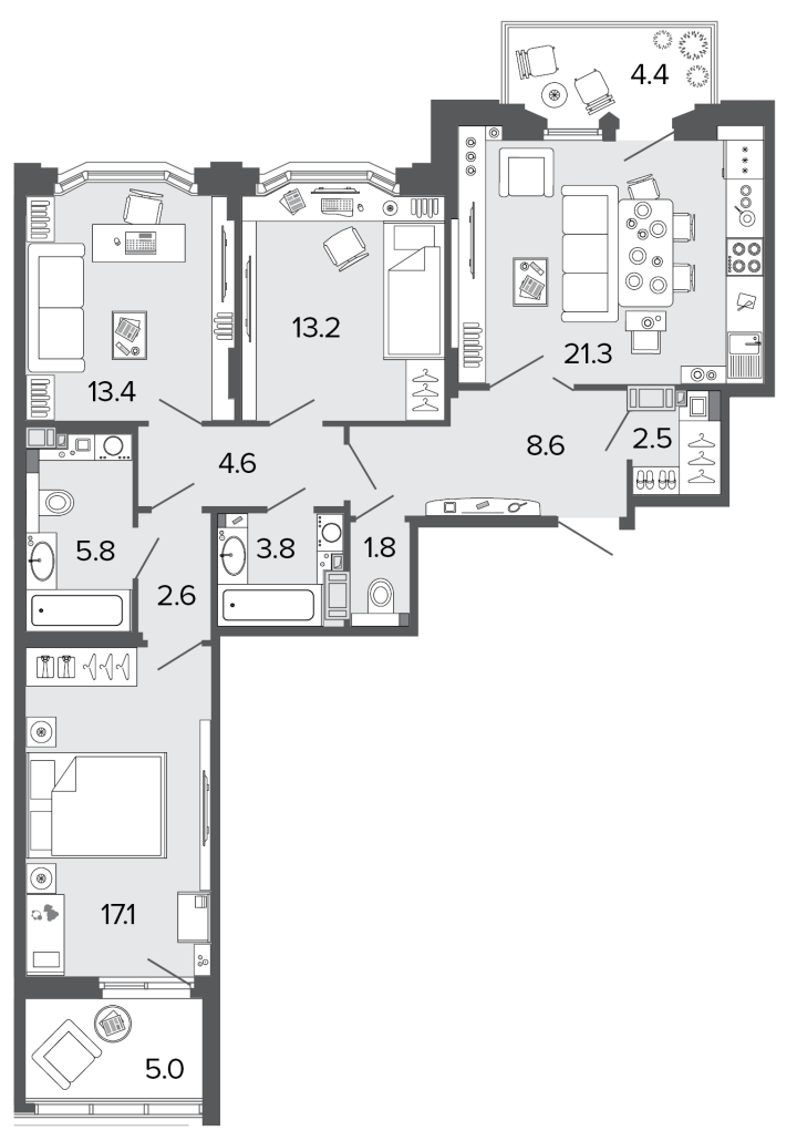 3-комнатная 94.7 м², 7 этаж, 38 313 615 руб.