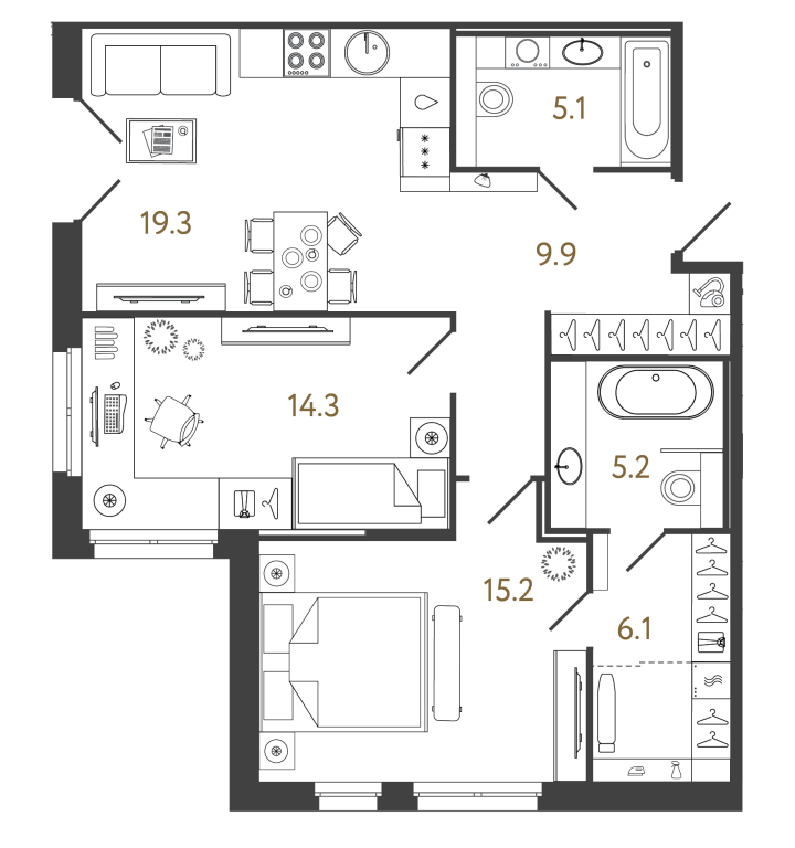 2-комнатный 75.1 м², 1 этаж
