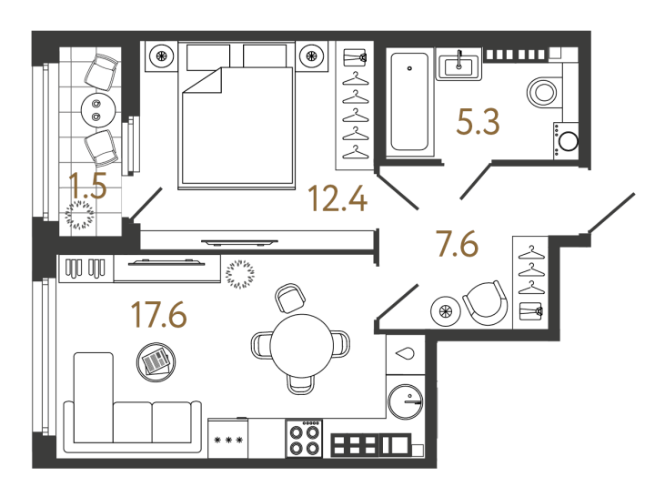 1-комнатная 42.9 м², 7 этаж, 21 876 542 руб.
