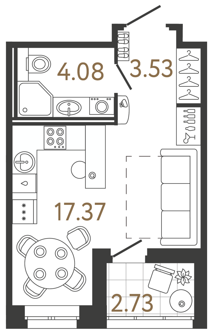Студия 25.3 м², 2 этаж