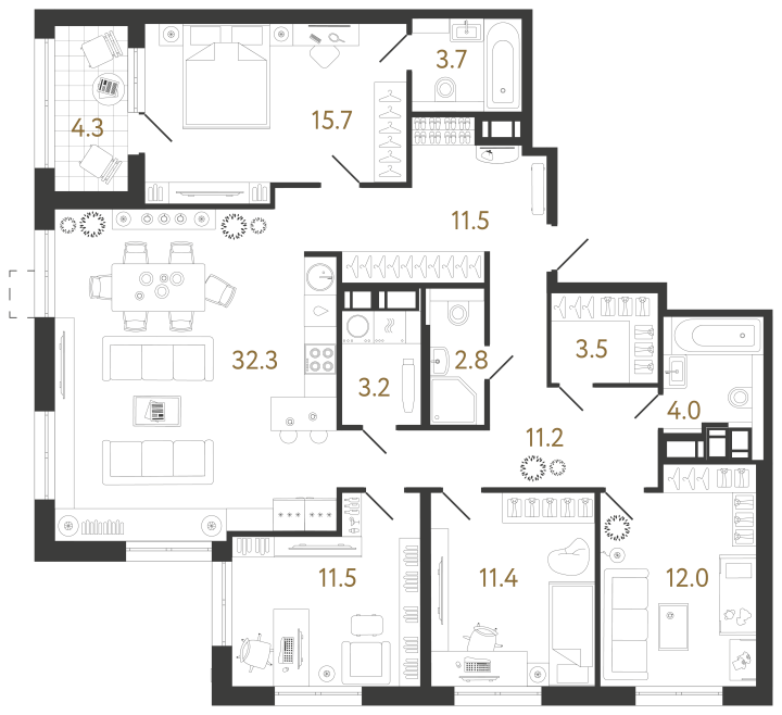 4-комнатная 122.8 м², 23 этаж, 35 382 425 руб.