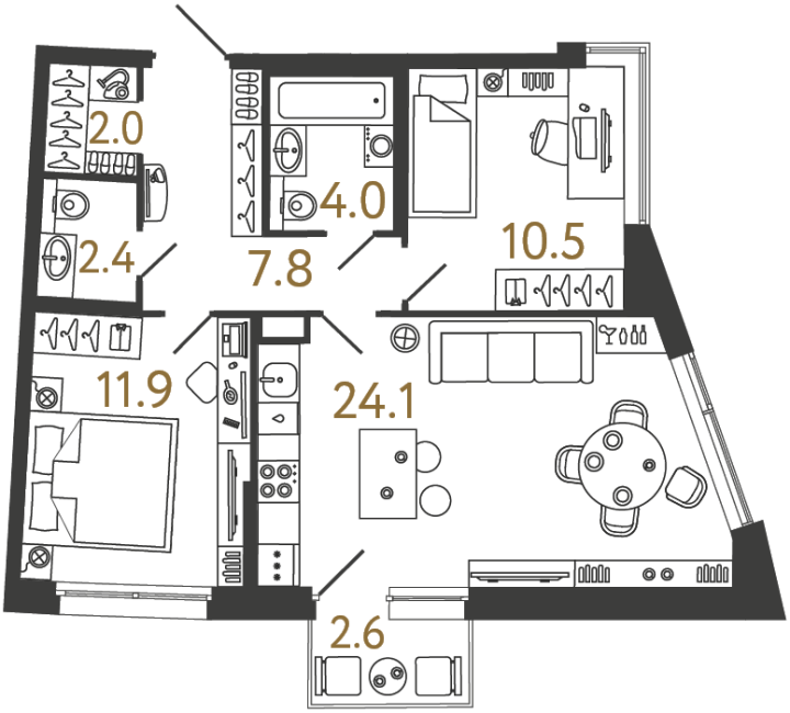 2-комнатная 62.7 м², 2 этаж