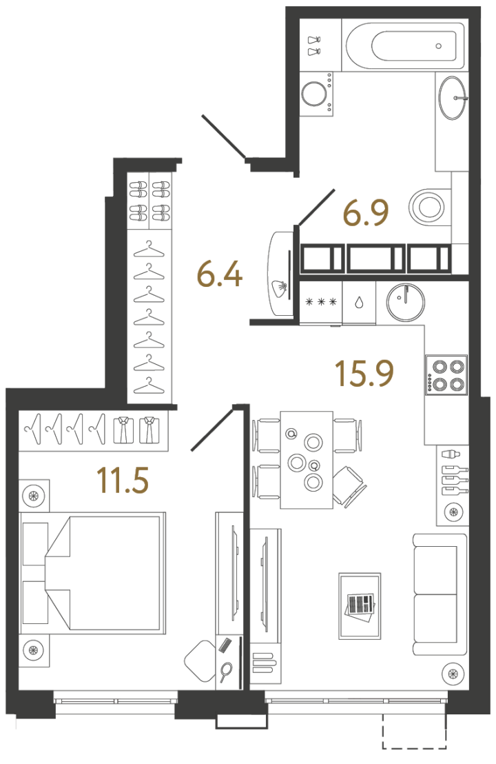1-комнатная 40.7 м², 4 этаж