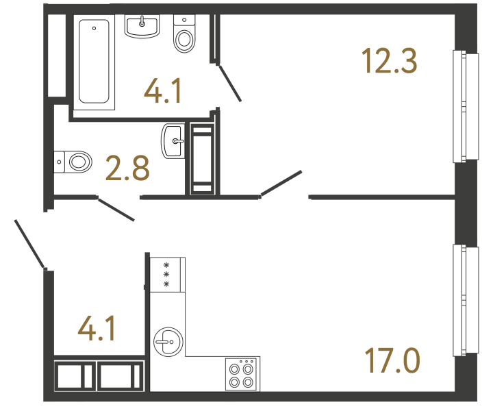 1-комнатная 40.3 м², 8 этаж