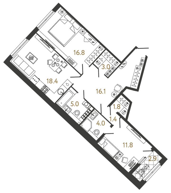 2-комнатная 78.3 м², 5 этаж