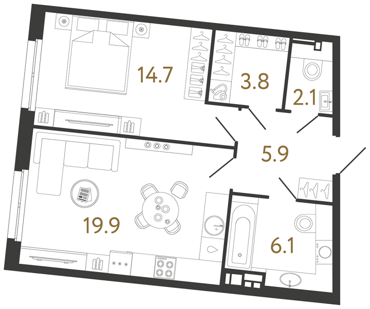 1-комнатная 52.5 м², 2 этаж