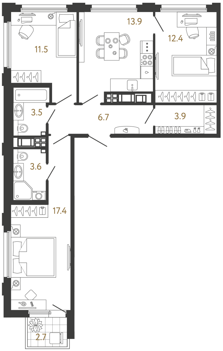 3-комнатная 72.9 м², 14 этаж