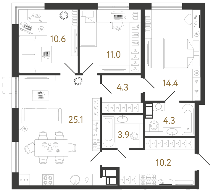3-комнатная 83.8 м², 4 этаж, 19 198 915 руб.