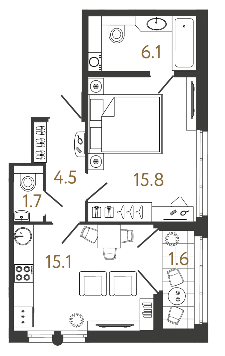1-комнатная 43.2 м², 7 этаж, 21 292 534 руб.