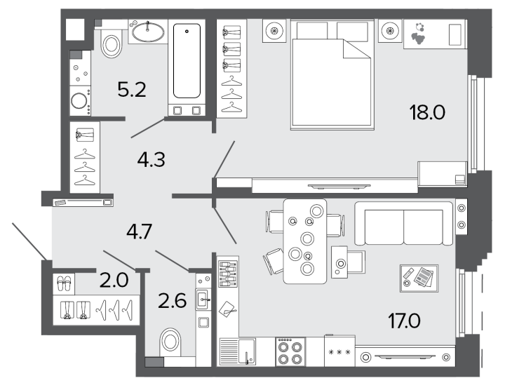 1-комнатная 53.8 м²