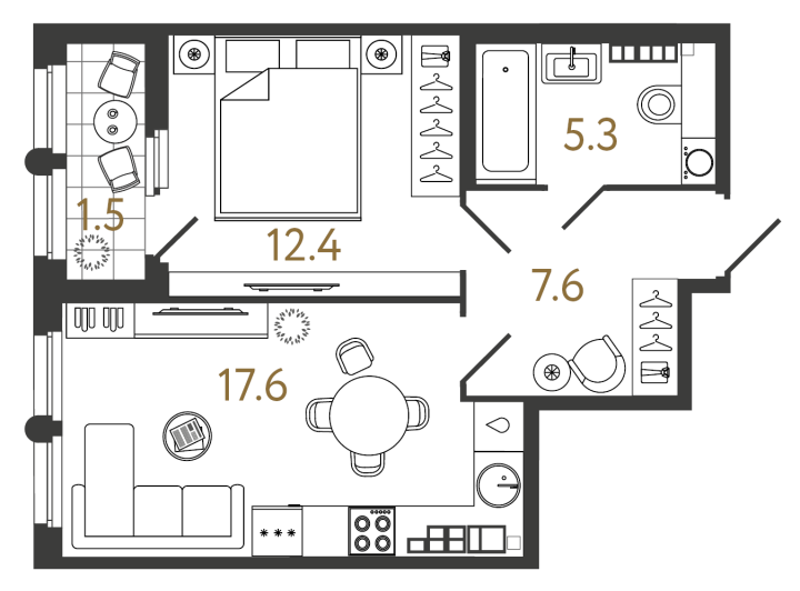 1-комнатная 42.9 м², 6 этаж, 21 066 272 руб.