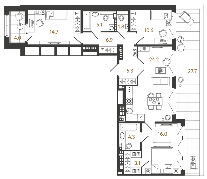 3-комнатная 92 м², 8 этаж
