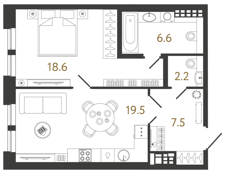 1-комнатная 54.4 м², 7 этаж
