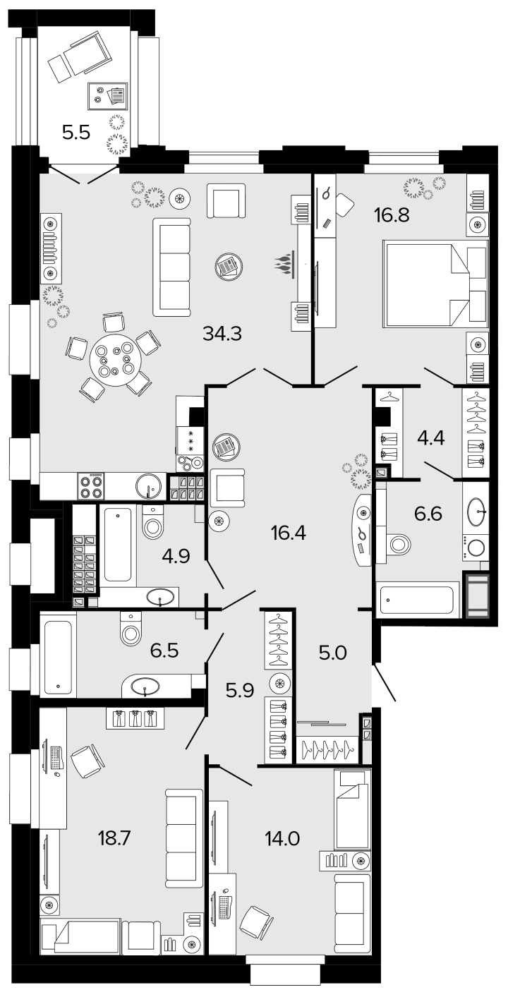 3-комнатная 133.1 м², 5 этаж, 66 261 659 руб.