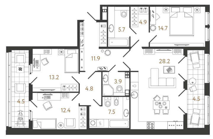 3-комнатная 107.2 м², 3 этаж, 45 002 903 руб.
