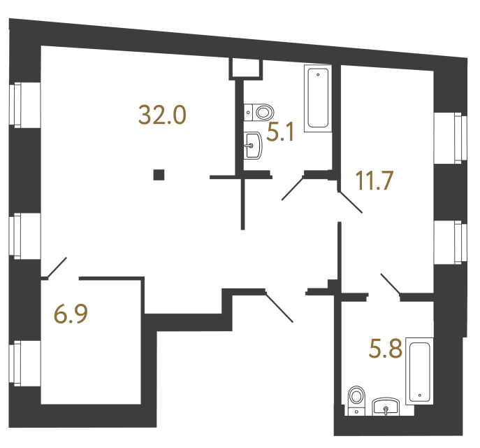 Двухкомнатный номер №101 в ЖК Типография - 61.5 м²  - №2