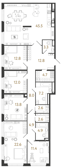 Пятикомнатная квартира №3 в ЖК Визионер - 169.1 м²
