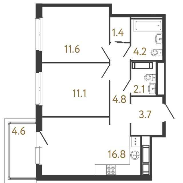Двухкомнатная квартира №342 в ЖК Передвижники - 55.7 м²  - №2