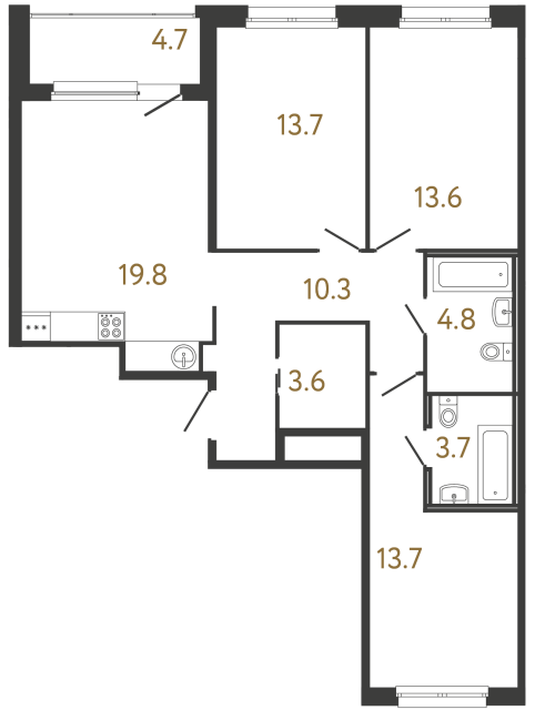 Трёхкомнатная квартира №147 в ЖК Передвижники - 83.2 м²  - №2
