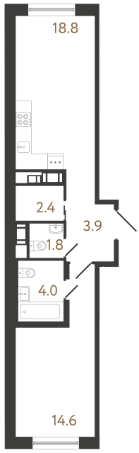 Однокомнатная квартира №309 в ЖК Передвижники 2 - 45.5 м²  - №2