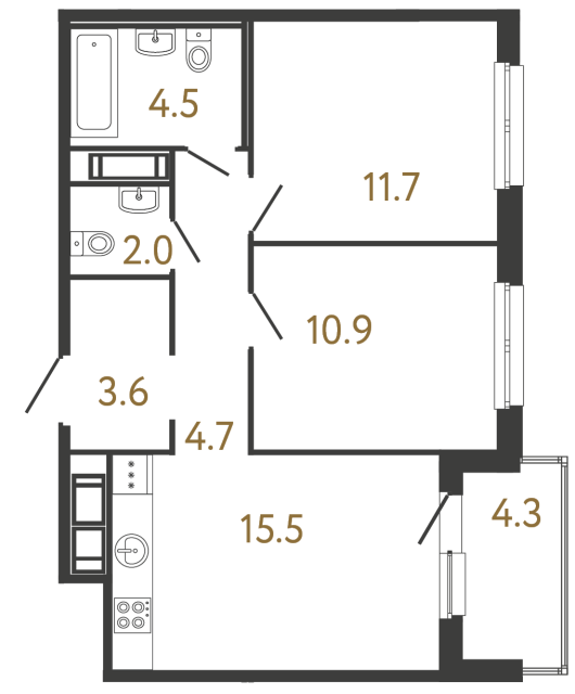 Двухкомнатная квартира №351 в ЖК Передвижники - 52.9 м²  - №2