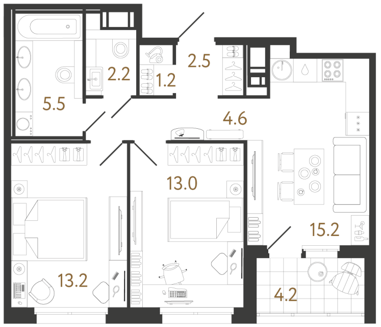 Двухкомнатная квартира №31 в ЖК Литера - 57.4 м²
