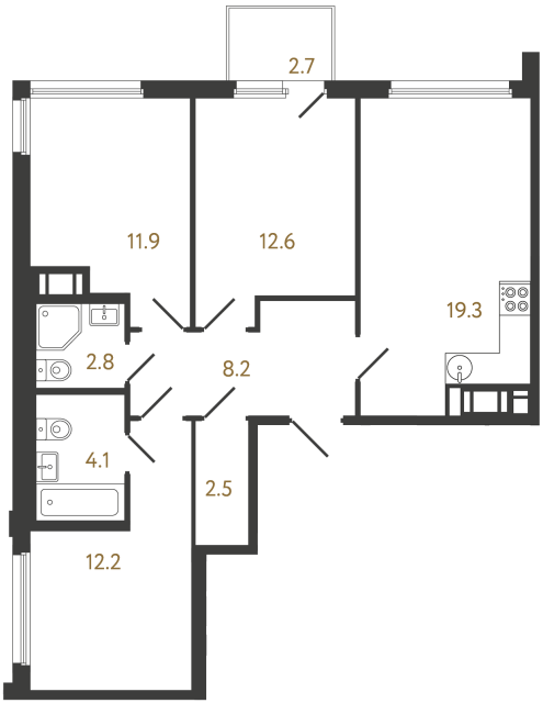 Трёхкомнатная квартира №1112 в ЖК Гений - 73.6 м²  - №2