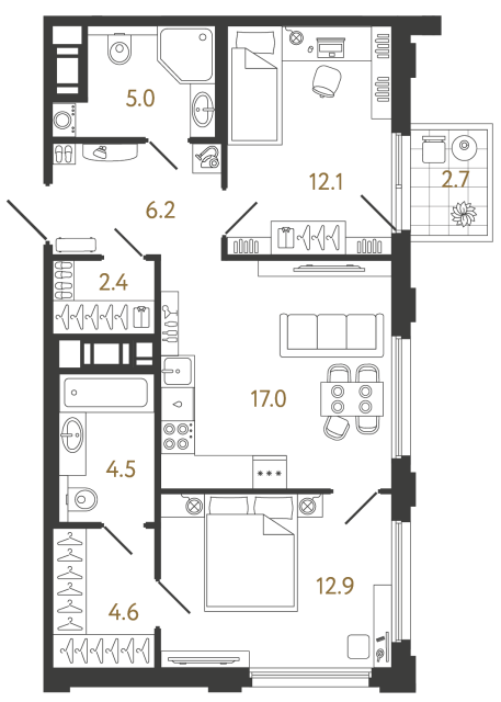 Двухкомнатная квартира №221 в ЖК Гений - 64.7 м²