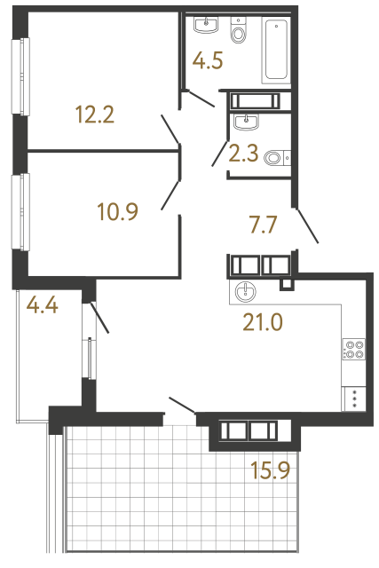 Двухкомнатная квартира №141 в ЖК Передвижники - 58.6 м²  - №2
