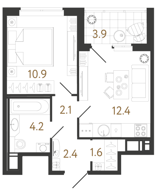 Однокомнатная квартира №176 в ЖК Литера - 33.6 м²