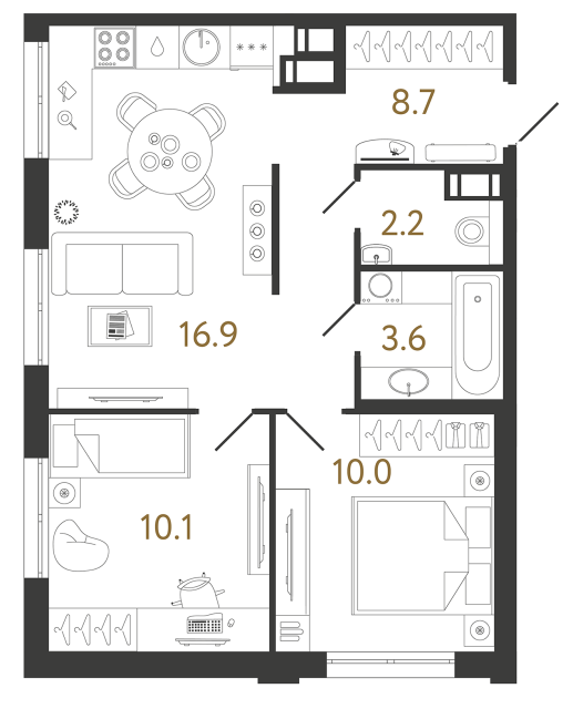 Двухкомнатная квартира №389 в ЖК Струны - 51.5 м²