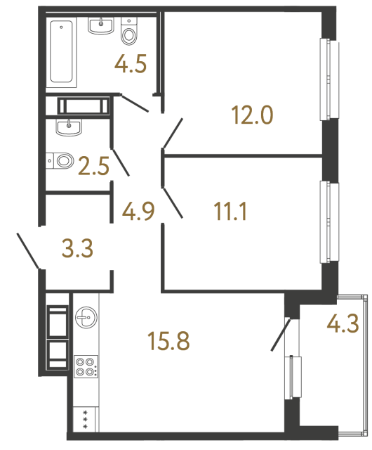Двухкомнатная квартира №303 в ЖК Передвижники - 54.1 м²  - №2