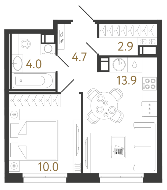 Однокомнатная квартира №876 в ЖК Струны 2 оч. - 35.5 м²
