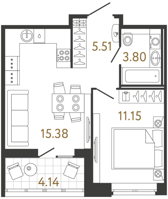 Однокомнатная квартира №388 в ЖК Ultra City 3 - 35.84 м²