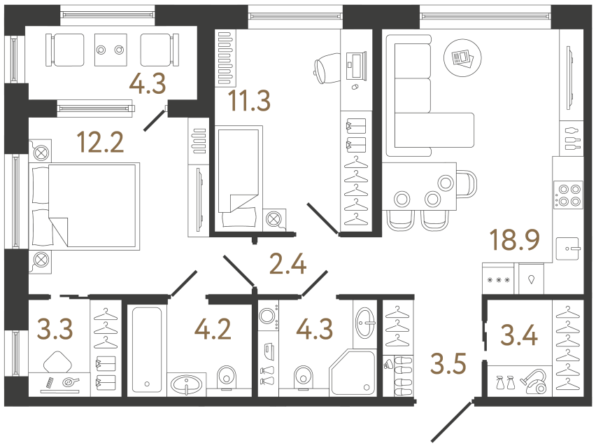 Двухкомнатная квартира №5 в ЖК Передвижники 2 - 63.5 м²