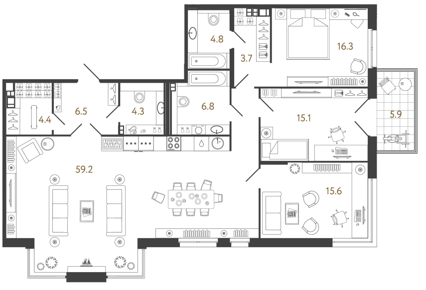 Трёхкомнатный номер №14 в комплексе «Репин» - 136.7 м²