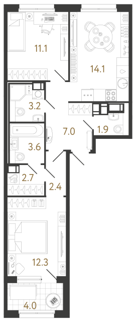 Двухкомнатная квартира №952 в ЖК Струны 2 оч. - 58.3 м²