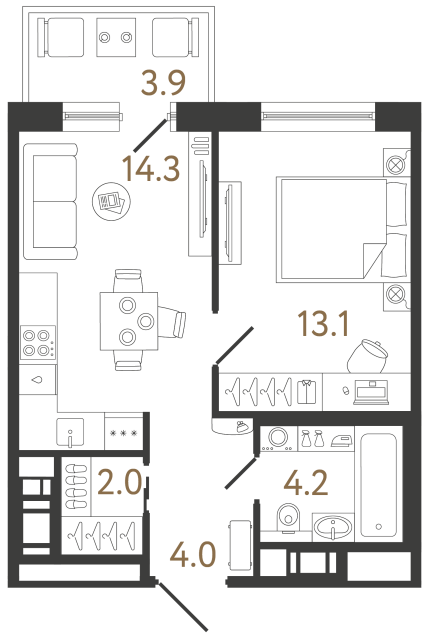 Однокомнатная квартира №237 в ЖК Передвижники 2 - 37.6 м²