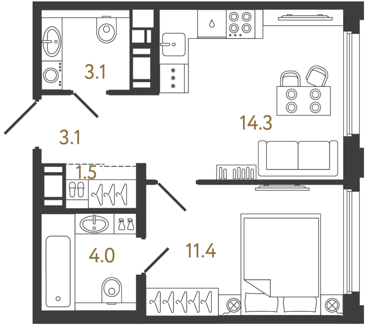 Однокомнатная квартира №754 в ЖК Гений - 37.4 м²