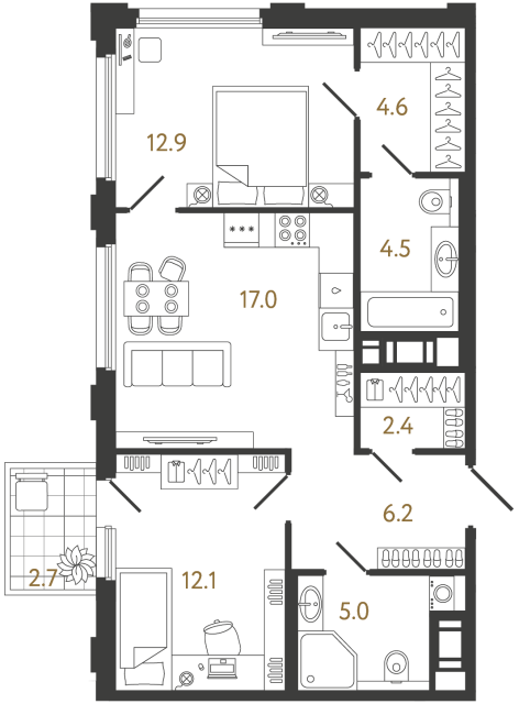 Двухкомнатная квартира №809 в ЖК Гений - 64.7 м²